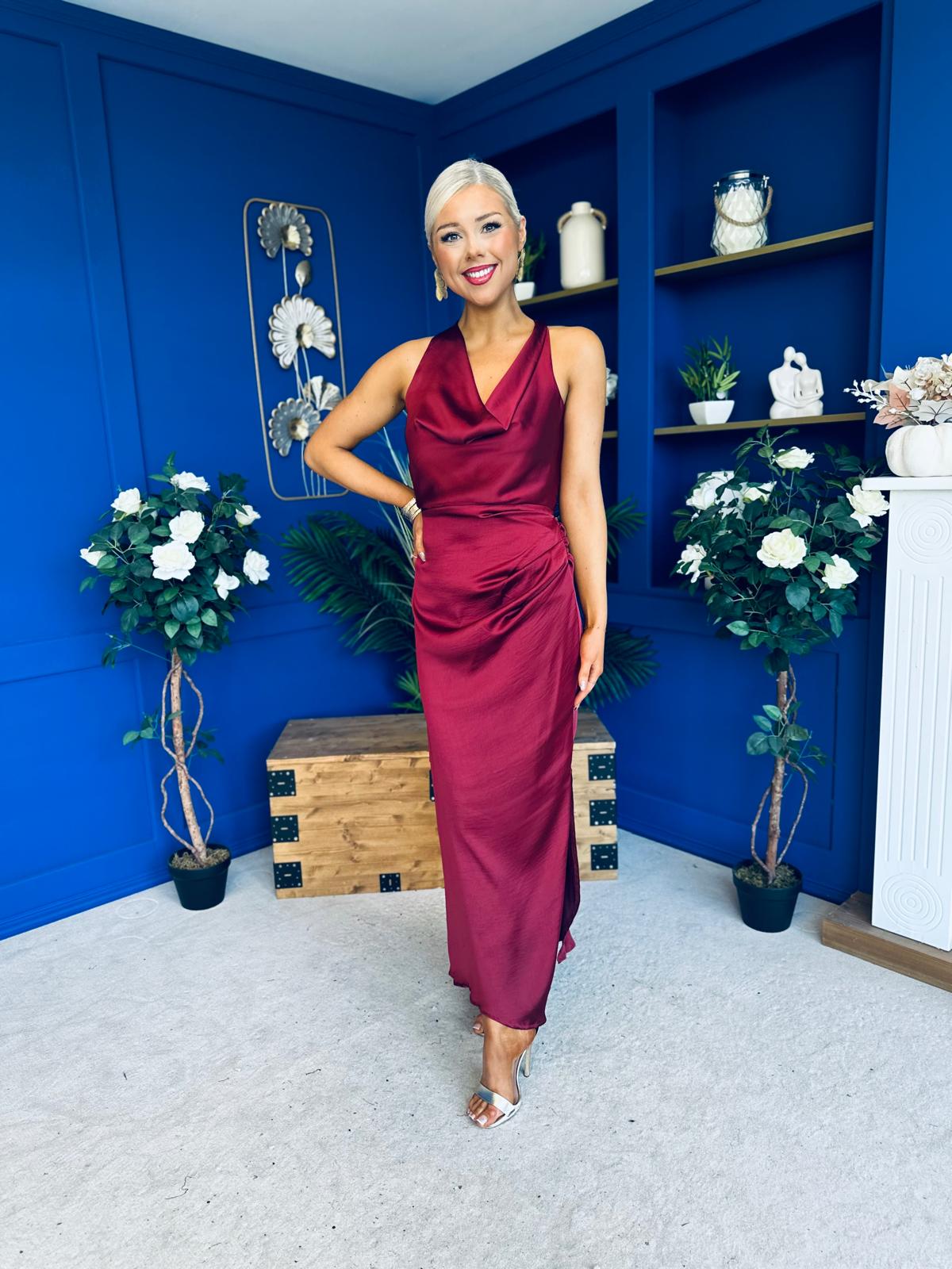 wine satin midi dress Lucia Satin Cowl Neck Cross Back Midi Dress Wine