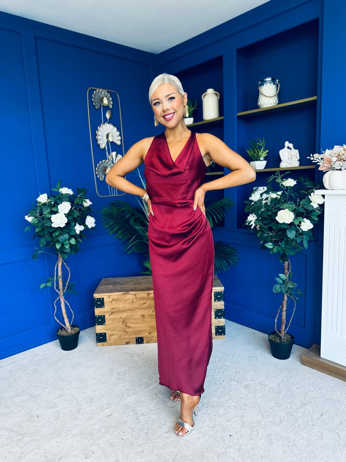 Lucia Satin Cowl Neck Cross Back Midi Dress Wine PRE ORDER 28 OCT