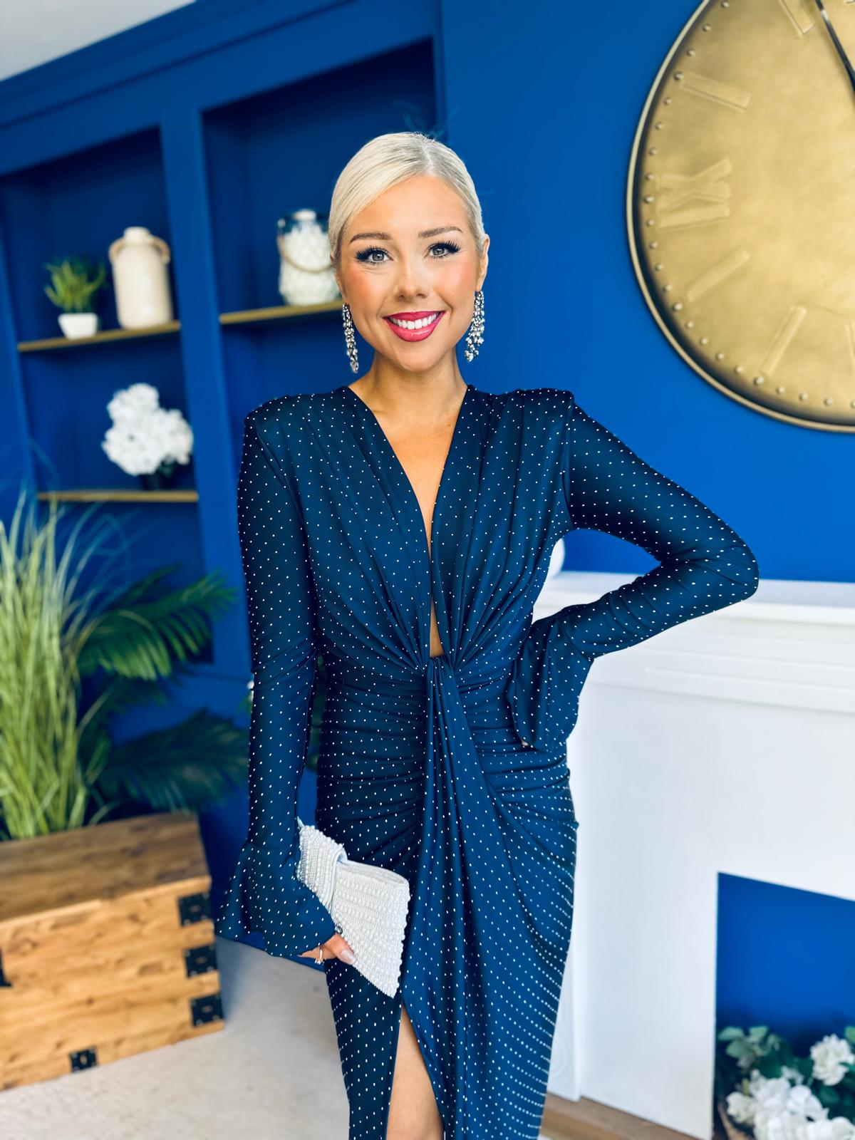 Ashley Studded Plunge Midi Dress Navy