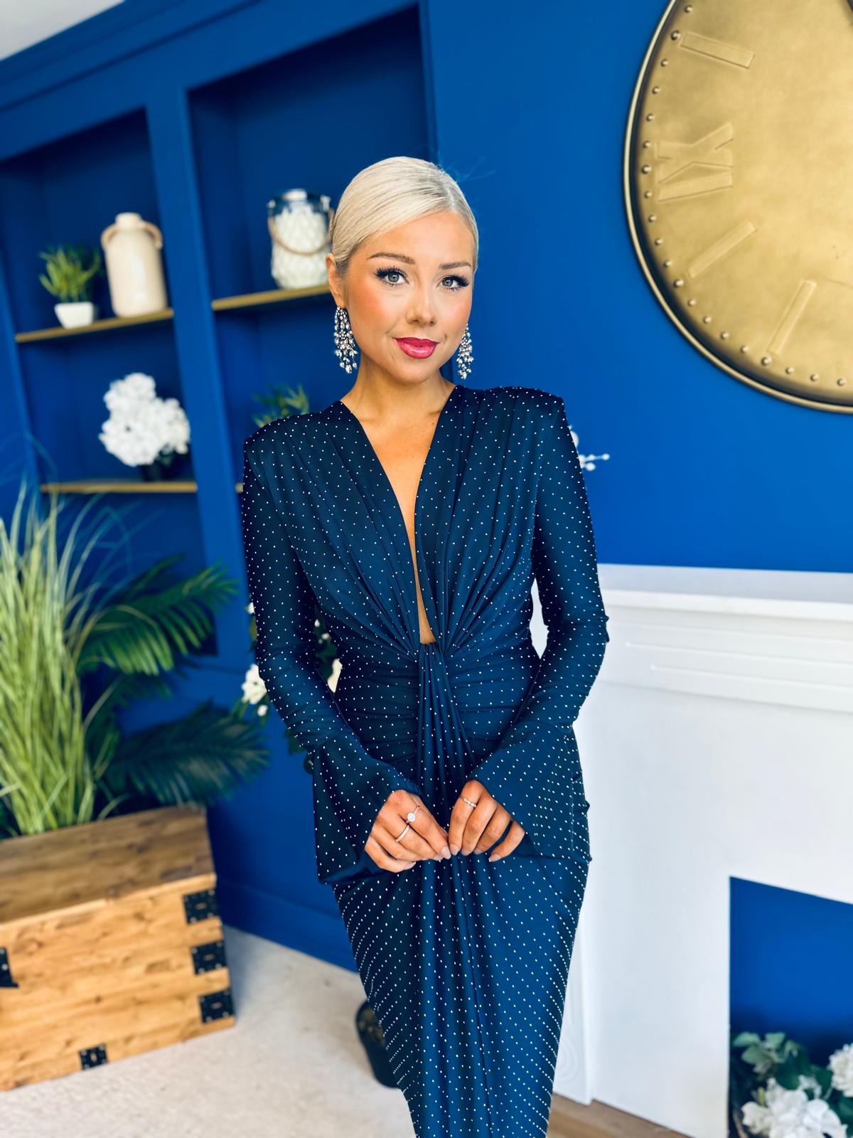 Ashley Studded Plunge Midi Dress Navy