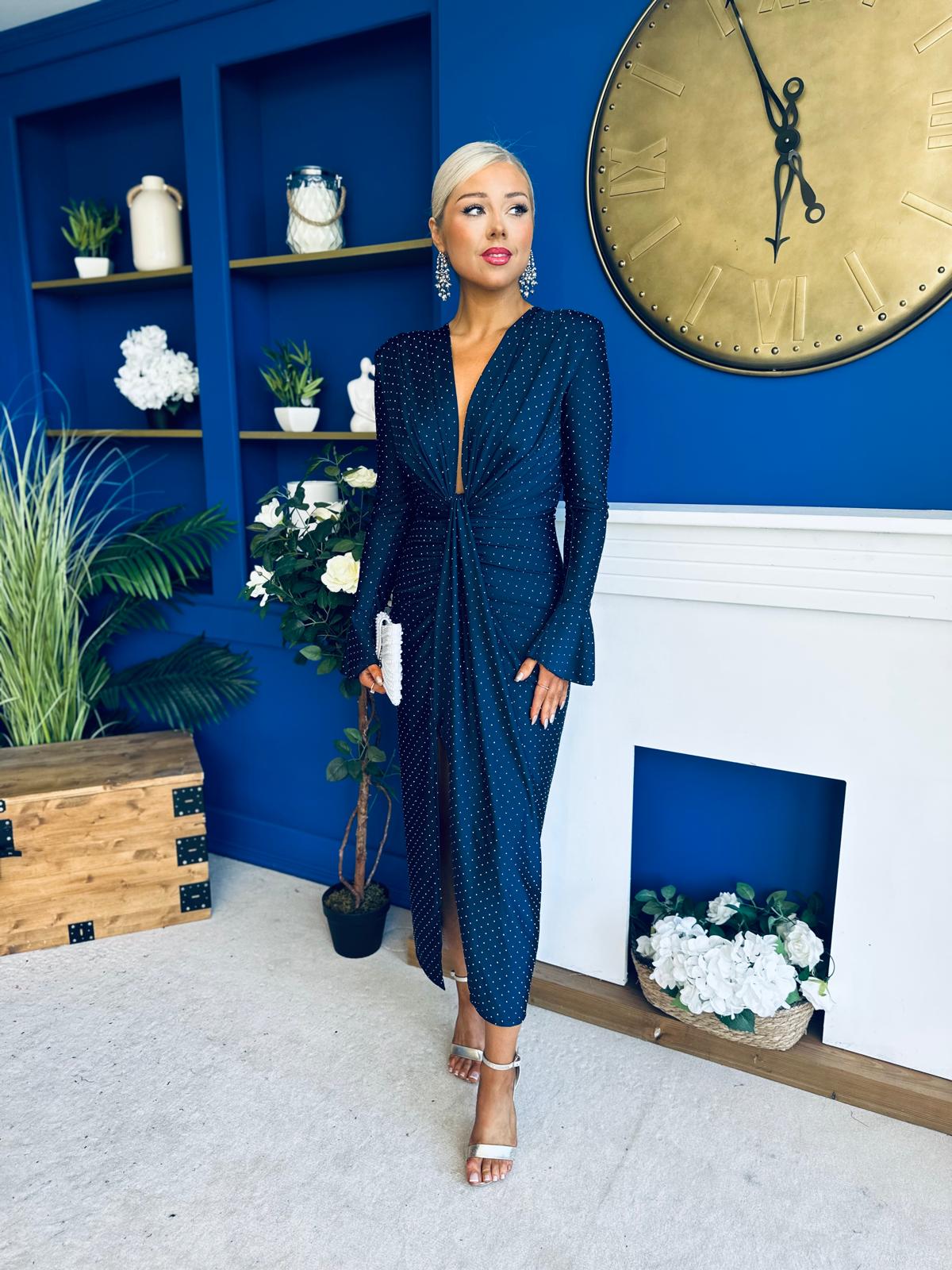 Ashley Studded Plunge Midi Dress Navy