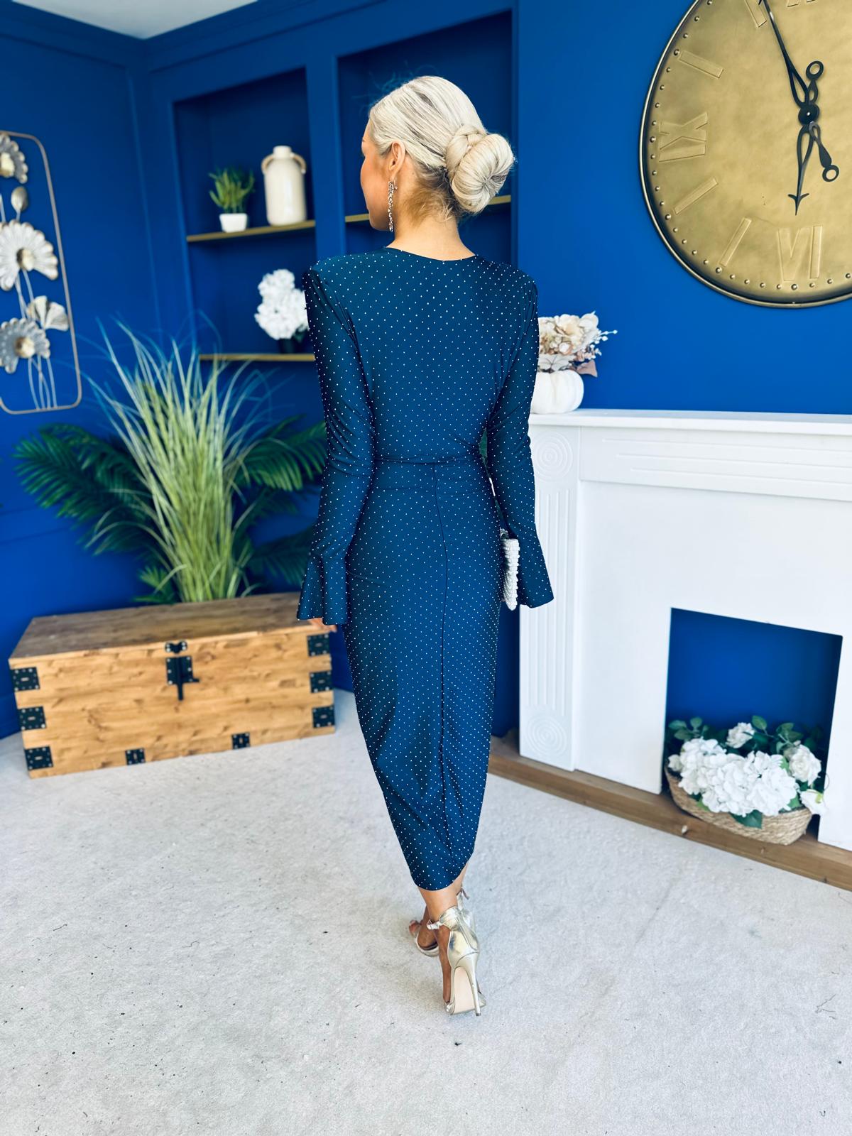 Ashley Studded Plunge Midi Dress Navy