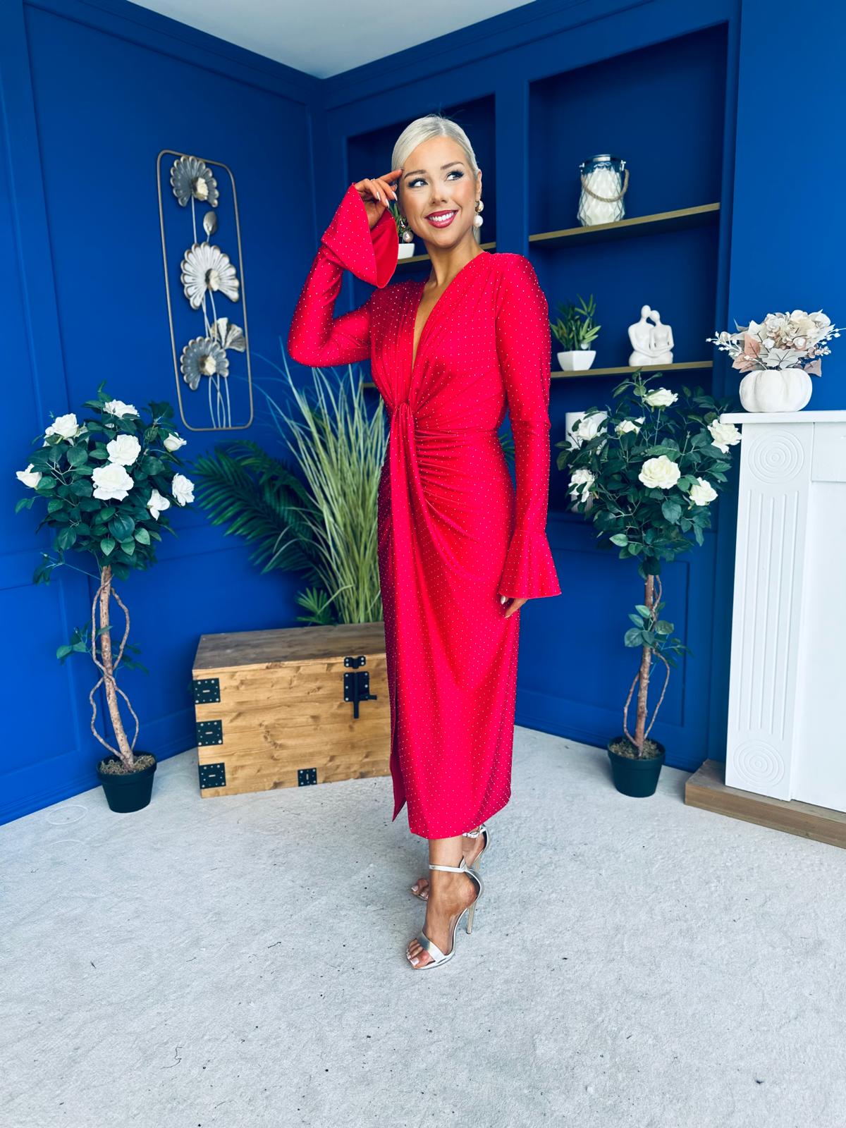 Ashley Studded Plunge Midi Dress Red