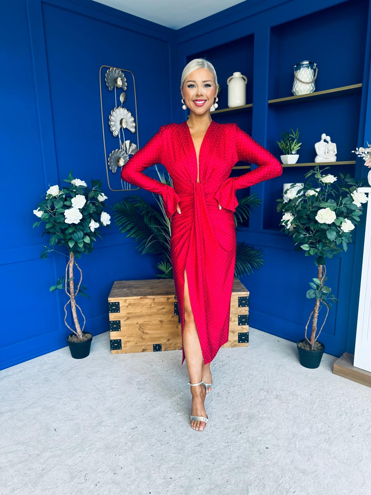 Ashley Studded Plunge Midi Dress Red