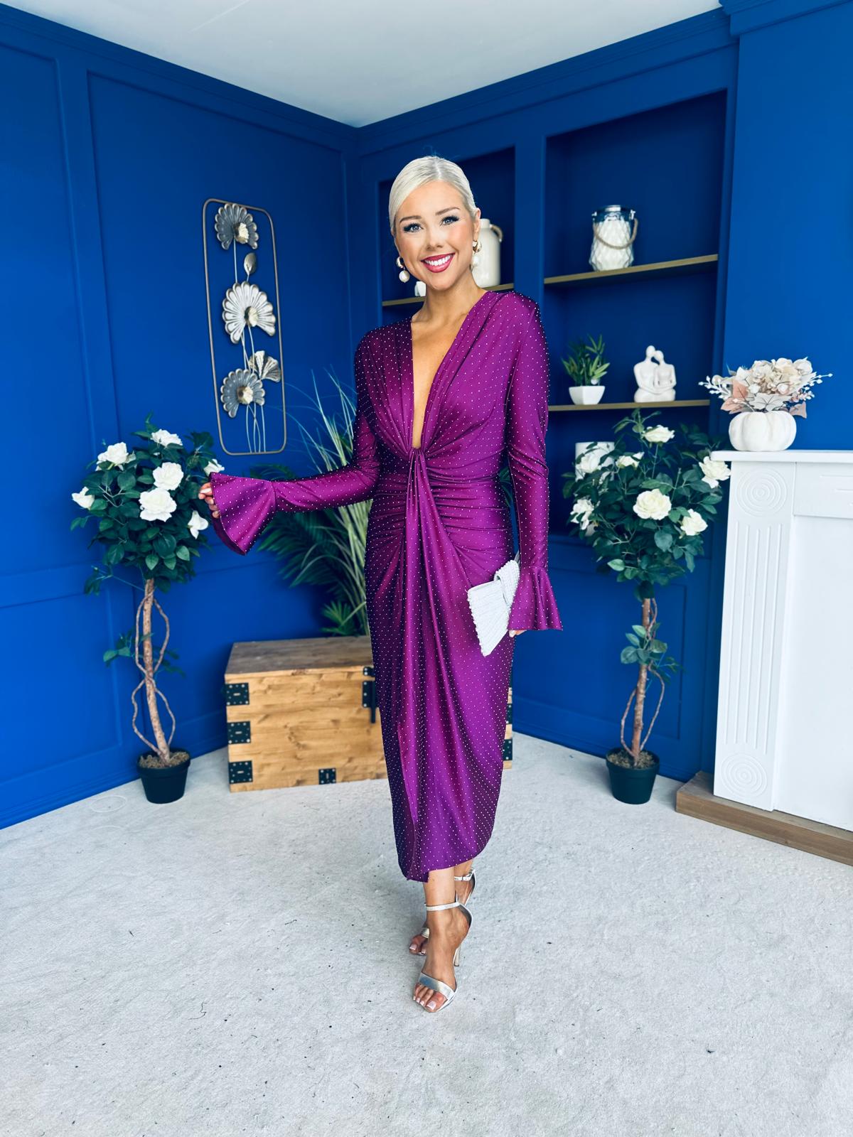 Ashley Studded Plunge Midi Dress Violet