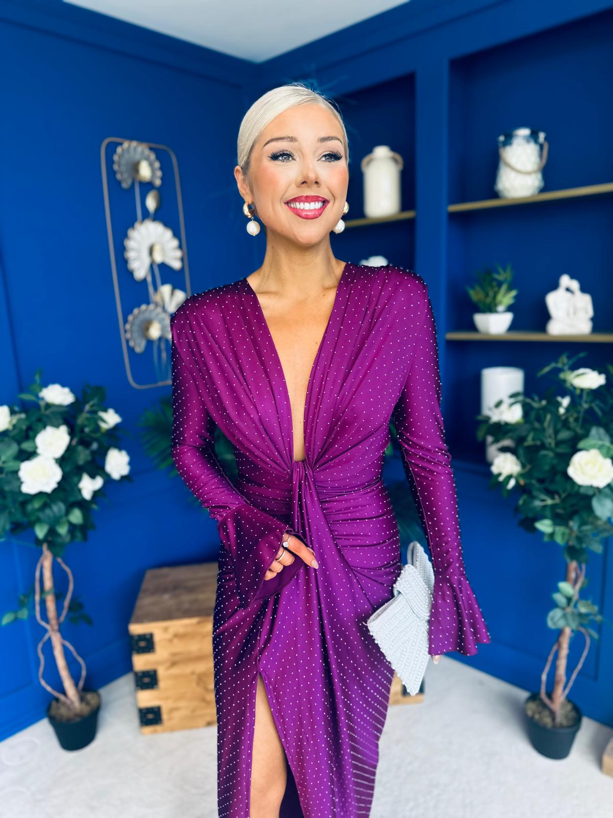 Ashley Studded Plunge Midi Dress Violet