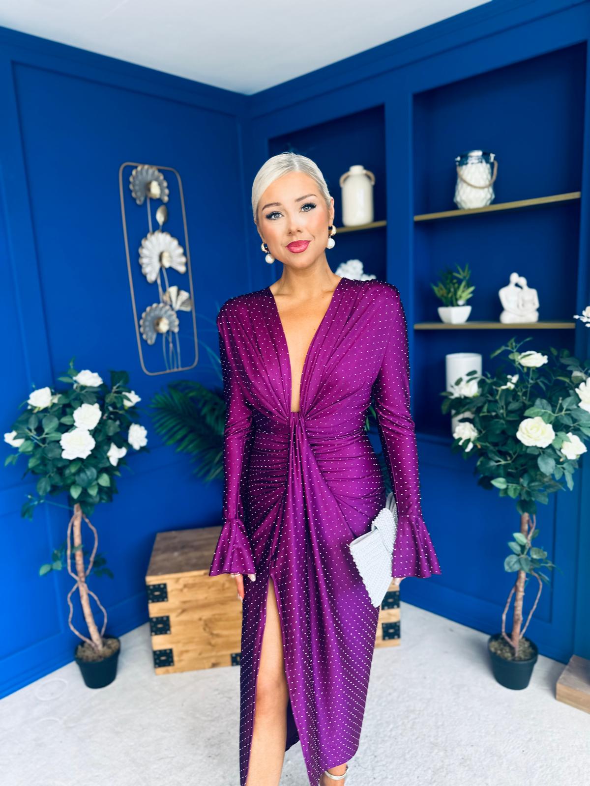 Ashley Studded Plunge Midi Dress Violet