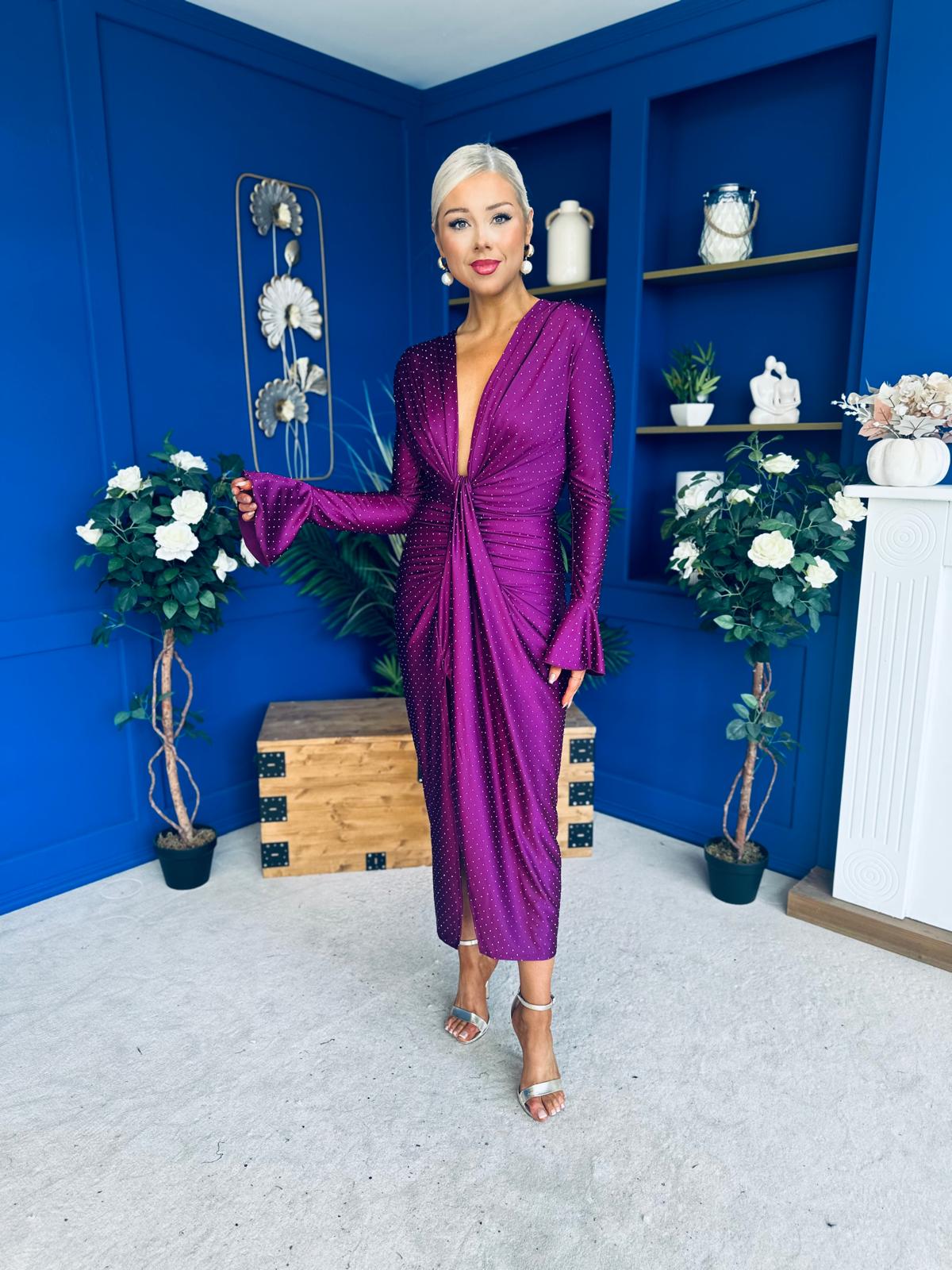 Ashley Studded Plunge Midi Dress Violet