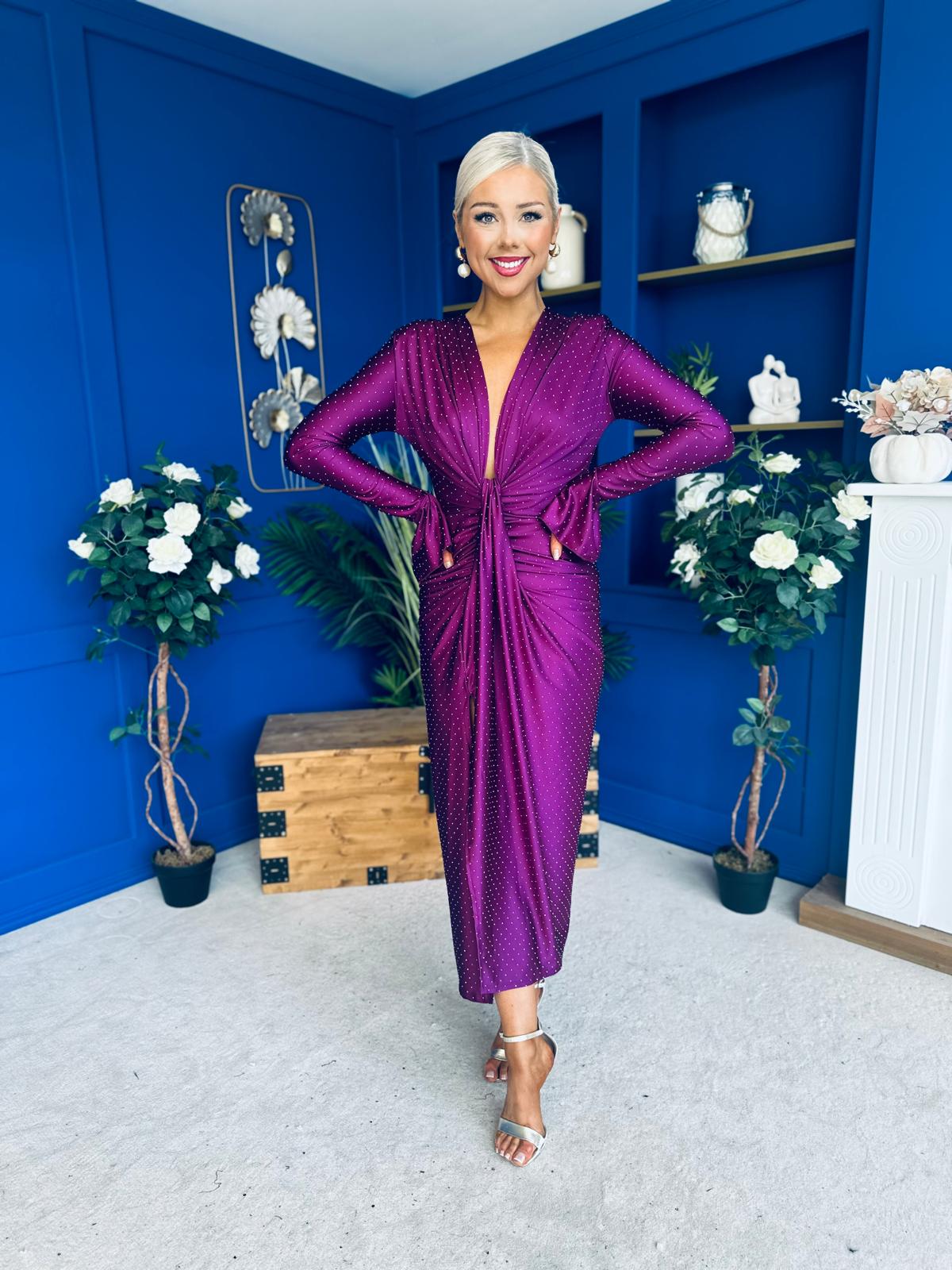 Ashley Studded Plunge Midi Dress Violet