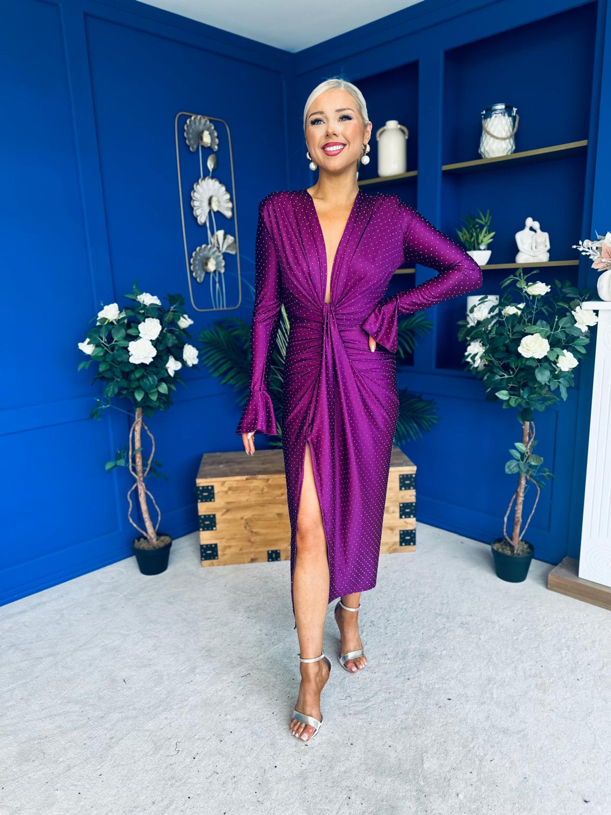 Ashley Studded Plunge Midi Dress Violet
