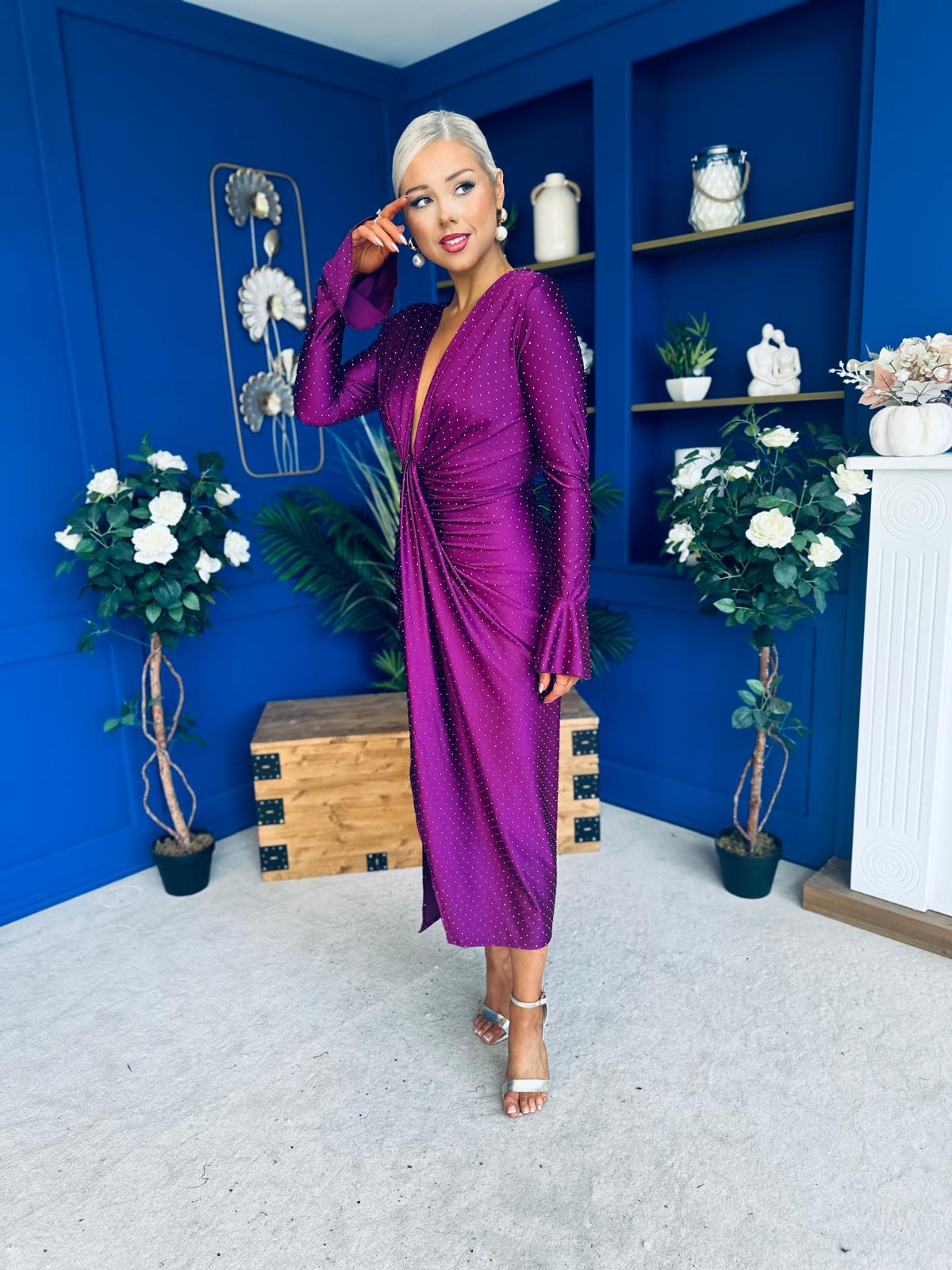 Ashley Studded Plunge Midi Dress Violet