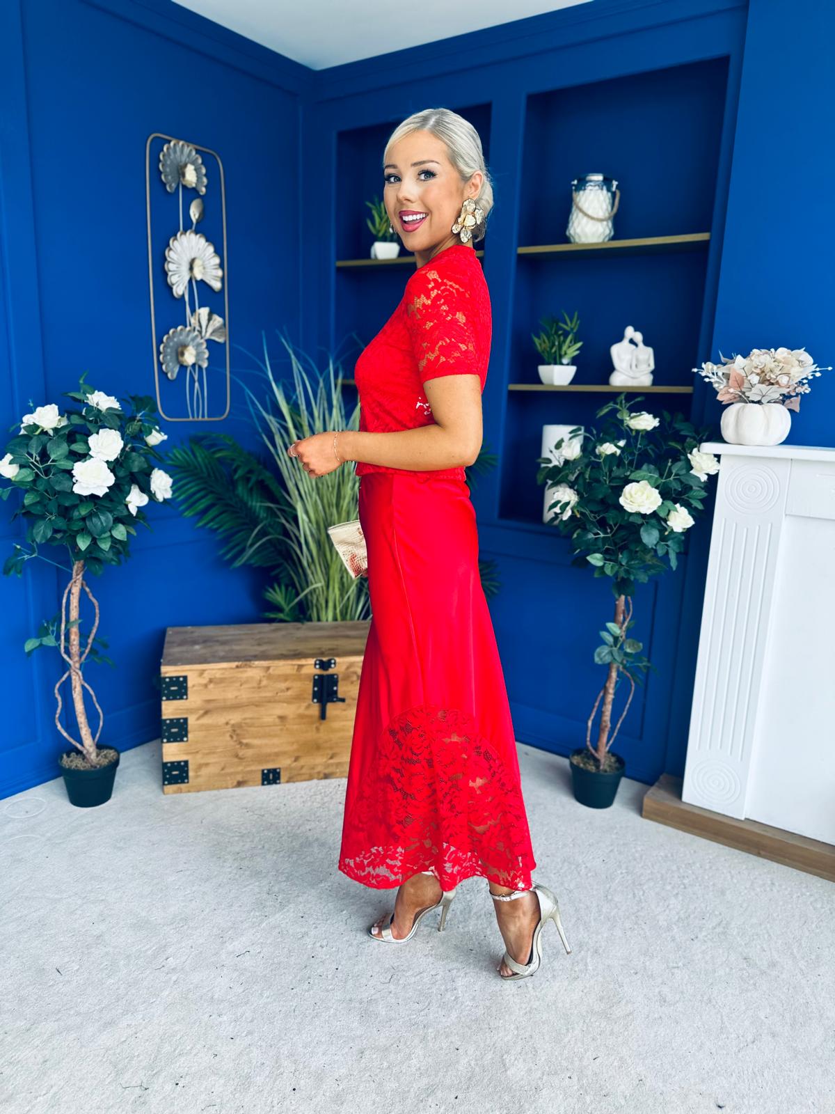 Hollie Detail Top & Satin Skirt Set Red