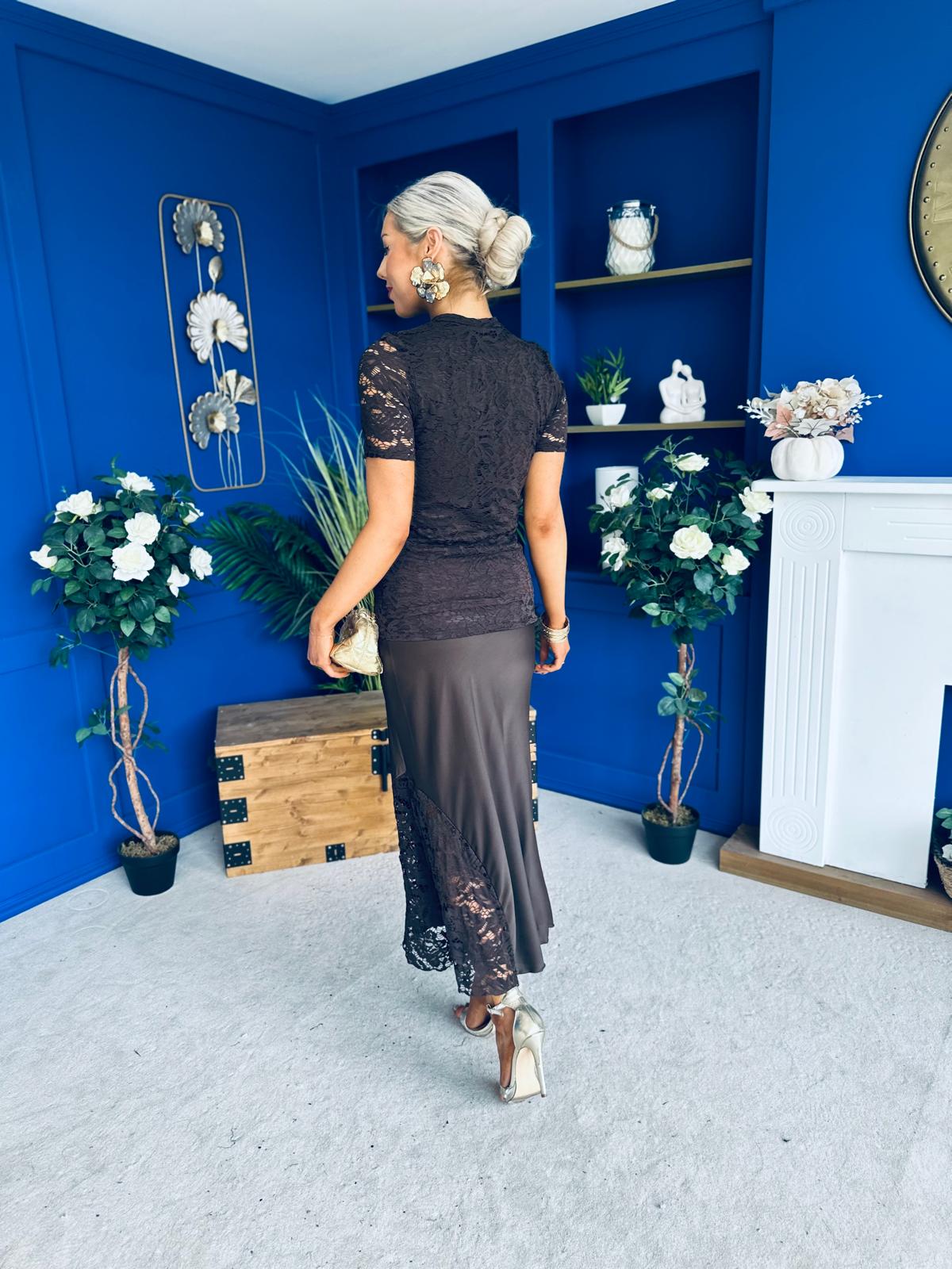 Hollie Detail Top & Satin Skirt Set Chocolate