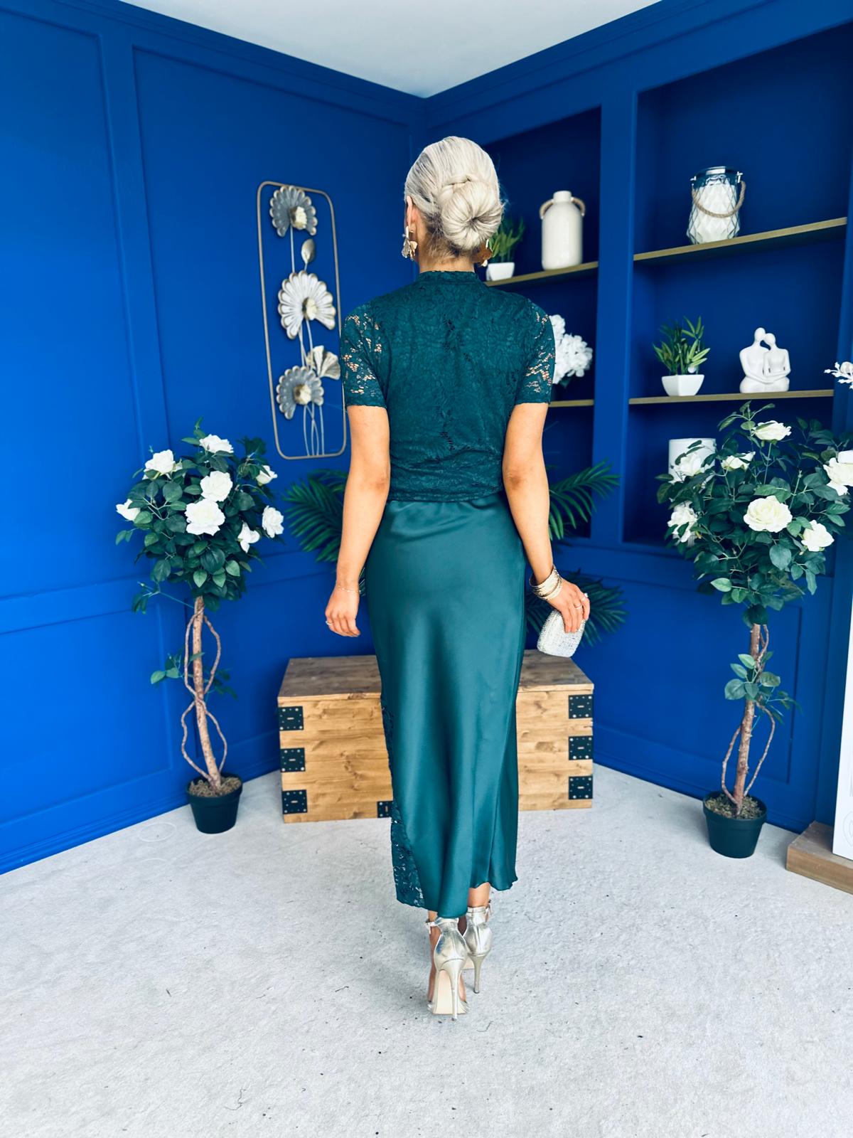 Hollie Detail Top & Satin Skirt Set Forest