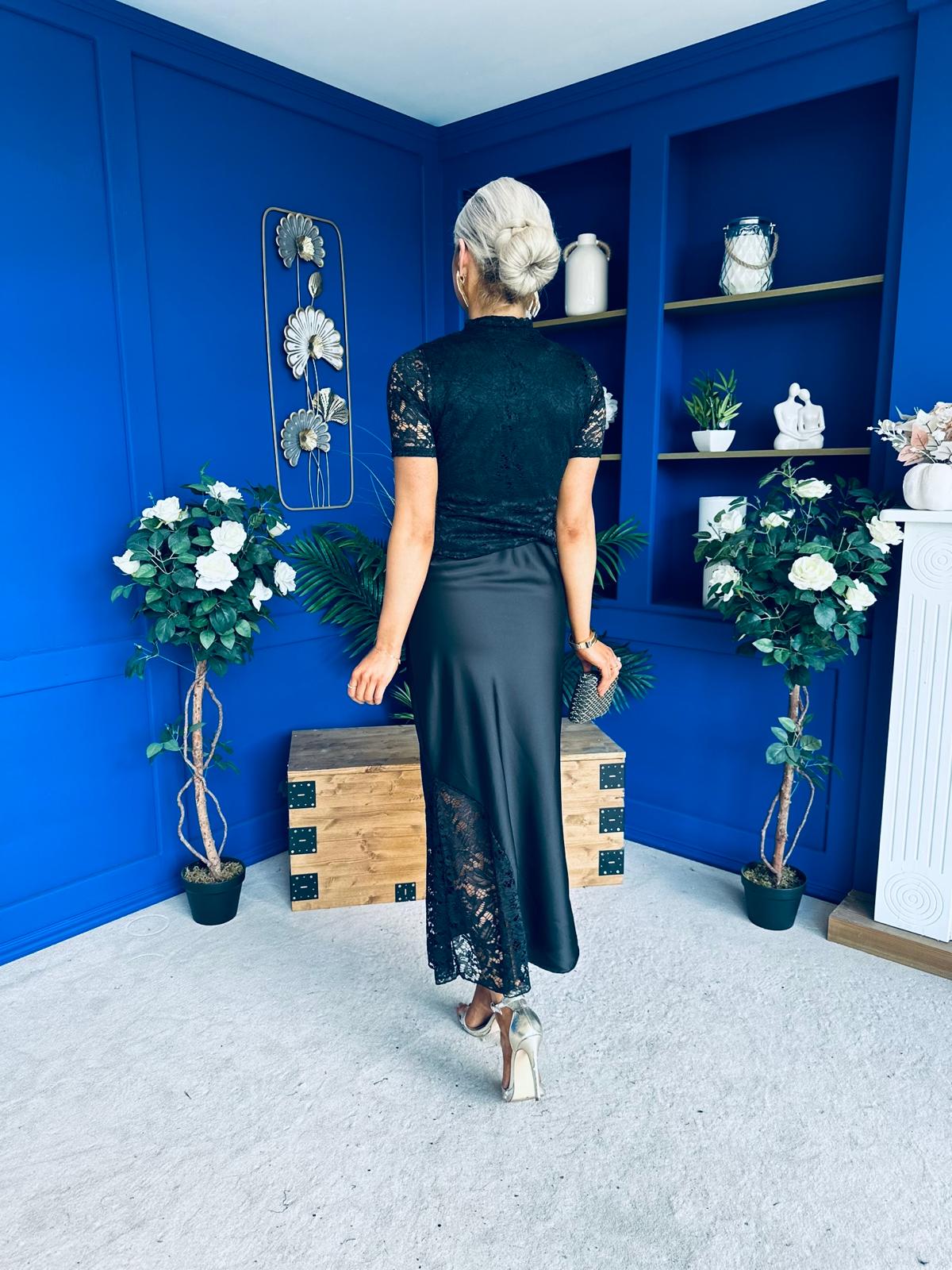 Hollie Detail Top & Satin Skirt Set Black