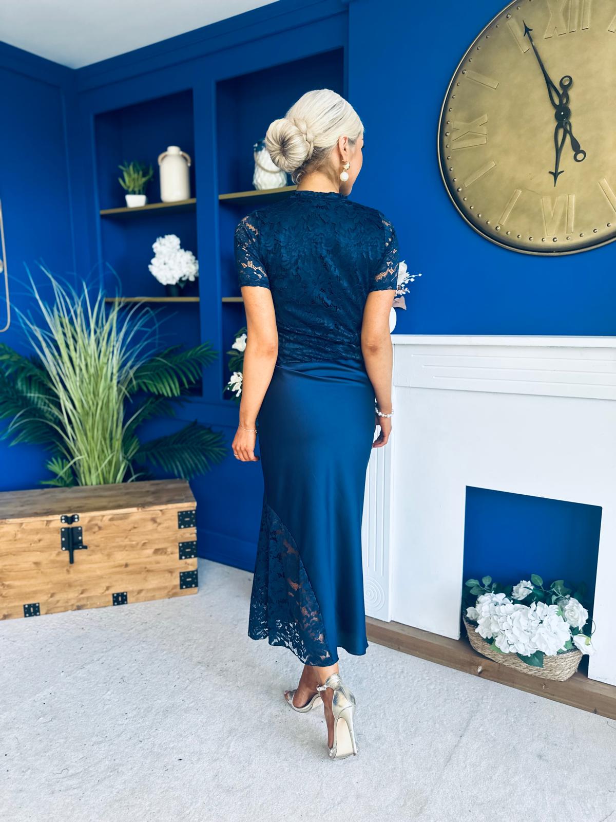 Hollie Detail Top & Satin Skirt Set Navy