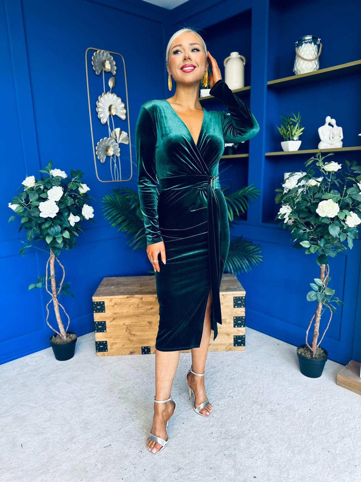 Annie Velvet Detailed Midi Dress Forest