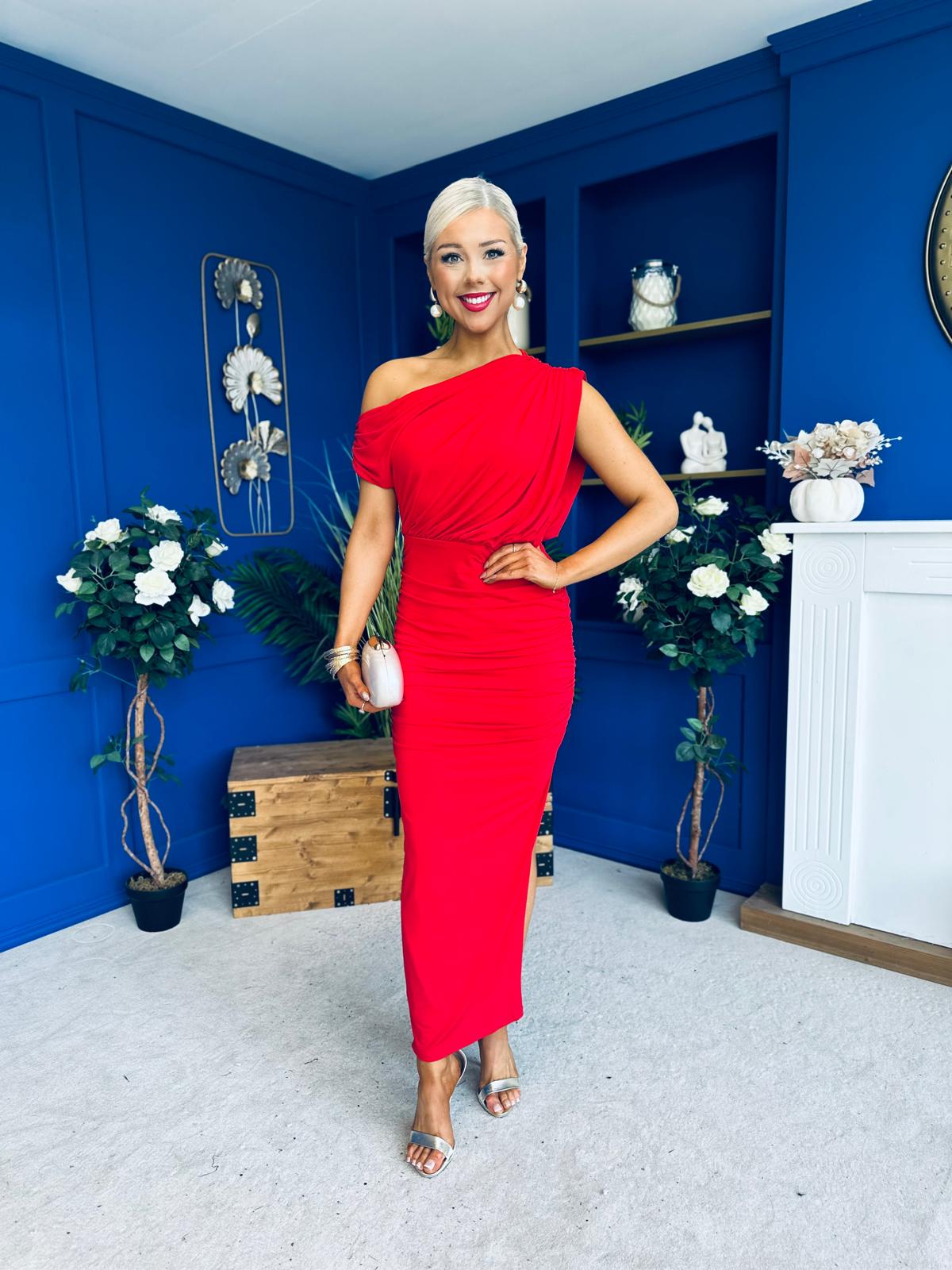 Myra Off Shoulder Draped Midi Dress Red