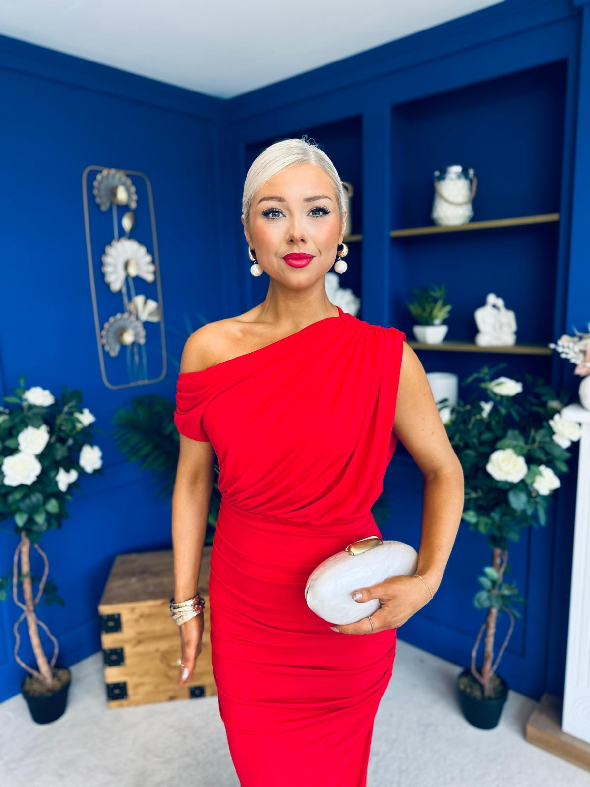 Myra Off Shoulder Draped Midi Dress Red