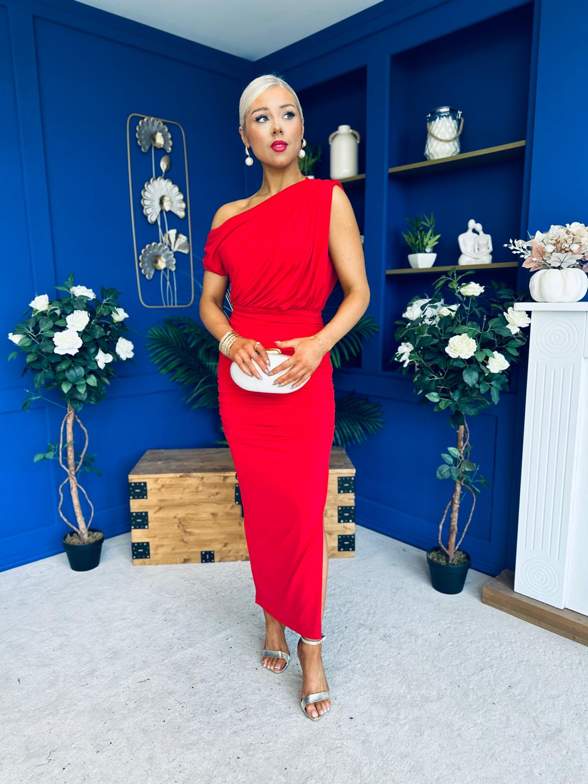 Myra Off Shoulder Draped Midi Dress Red