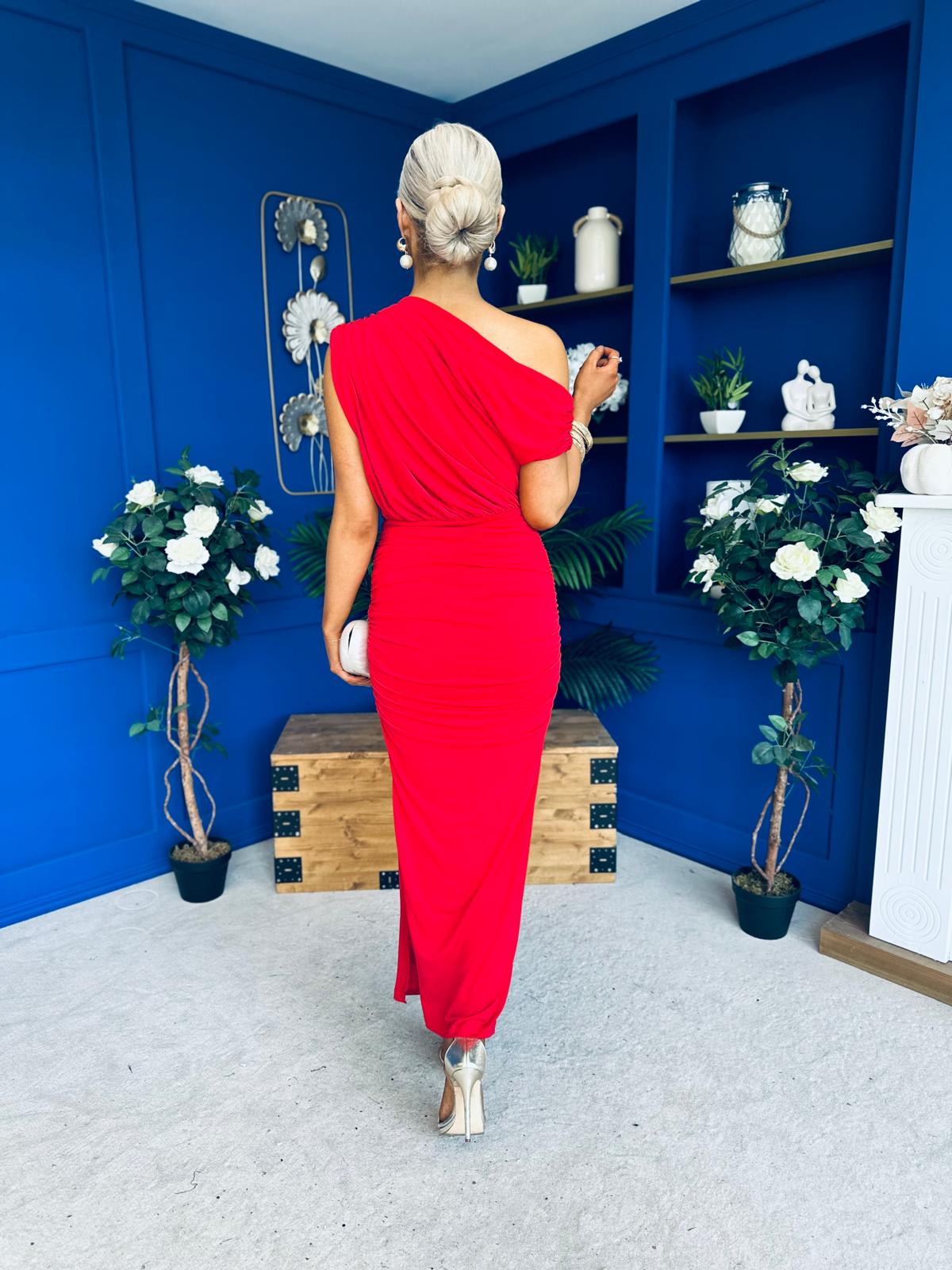 Myra Off Shoulder Draped Midi Dress Red