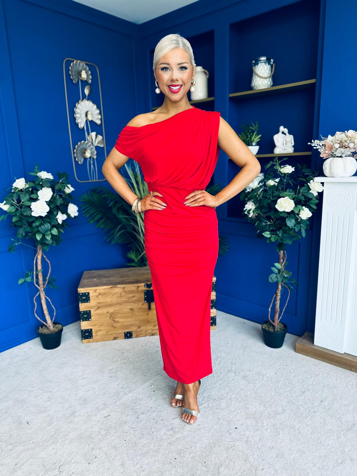 Myra Off Shoulder Draped Midi Dress Red