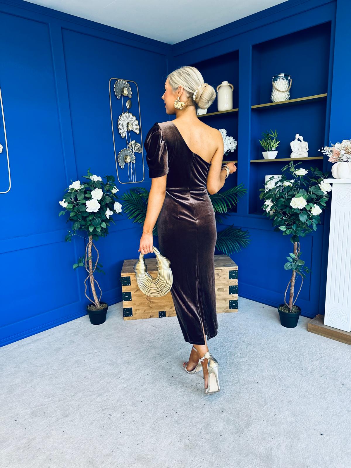 Nadia One Shoulder Velvet Occasion Dress Chocolate