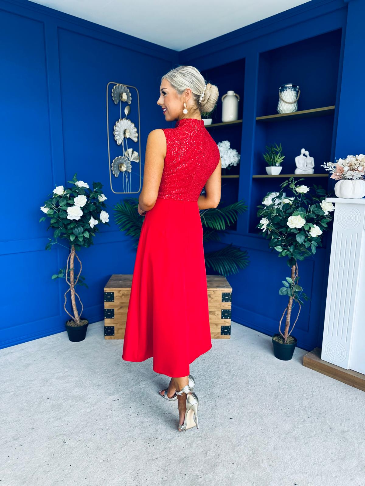 Annabel Sequin Occasion Midi Dress Red