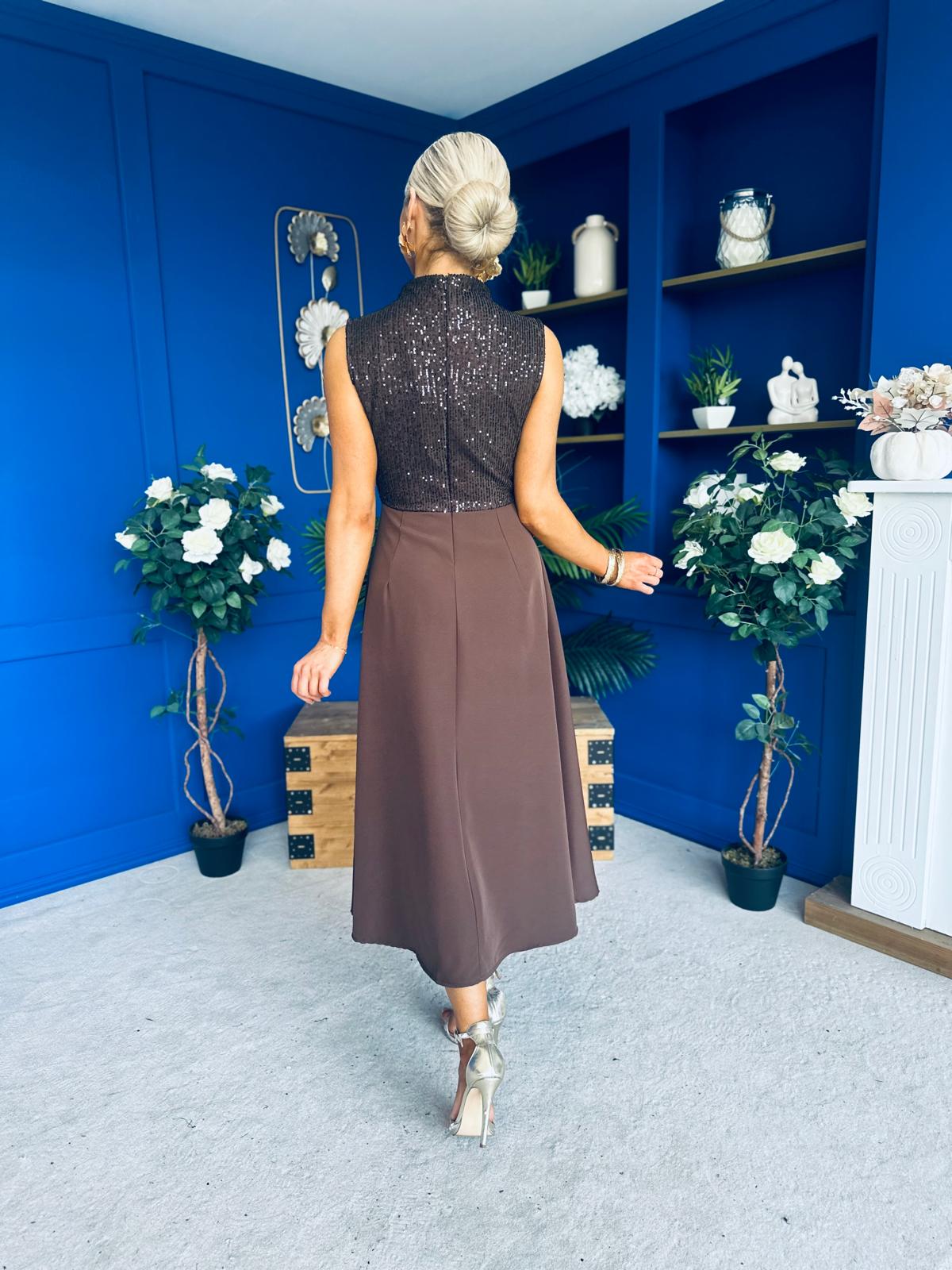 Annabel Sequin Occasion Midi Dress Chocolate