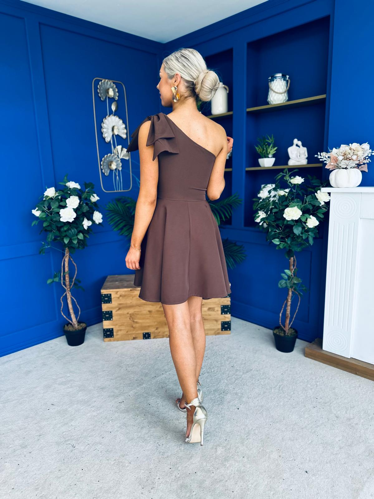 Whitney One Shoulder Bow Detail Mini Dress Chocolate