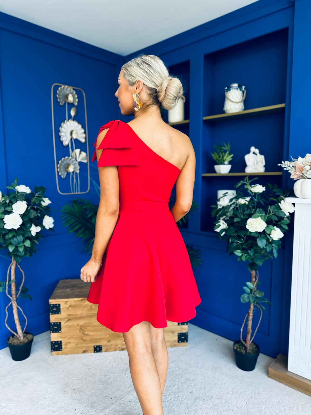 Whitney One Shoulder Bow Detail Mini Dress Red