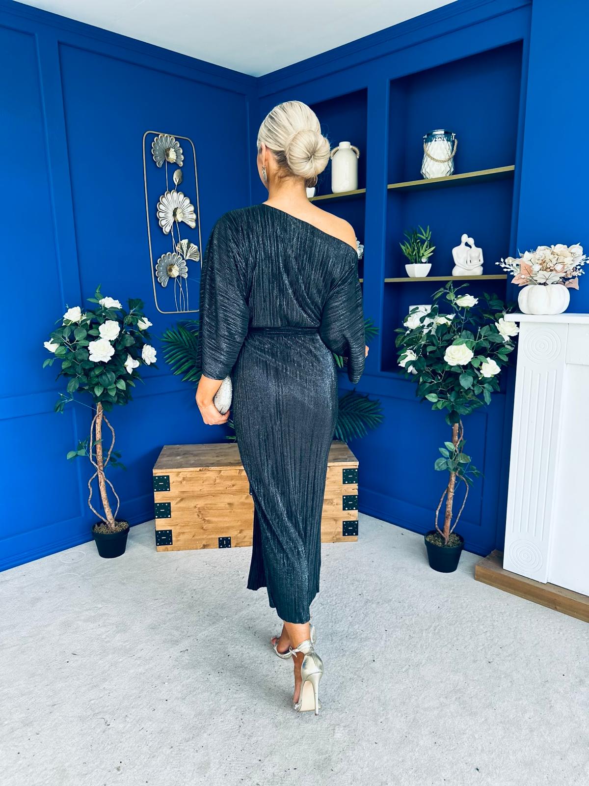 Vendy Off The Shoulder Ruched Detail Midi Dress Black Metallic