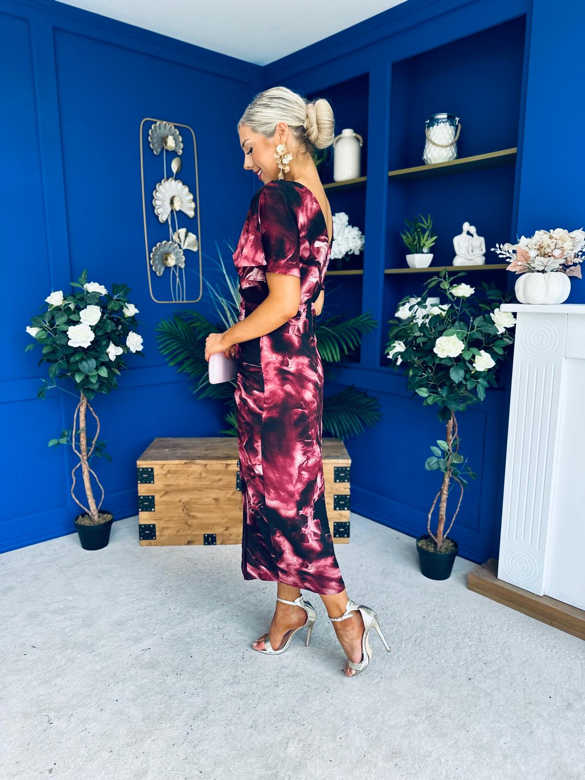 Priscilla Wrap Over Ruched Detail Midi Dress Wine Marble