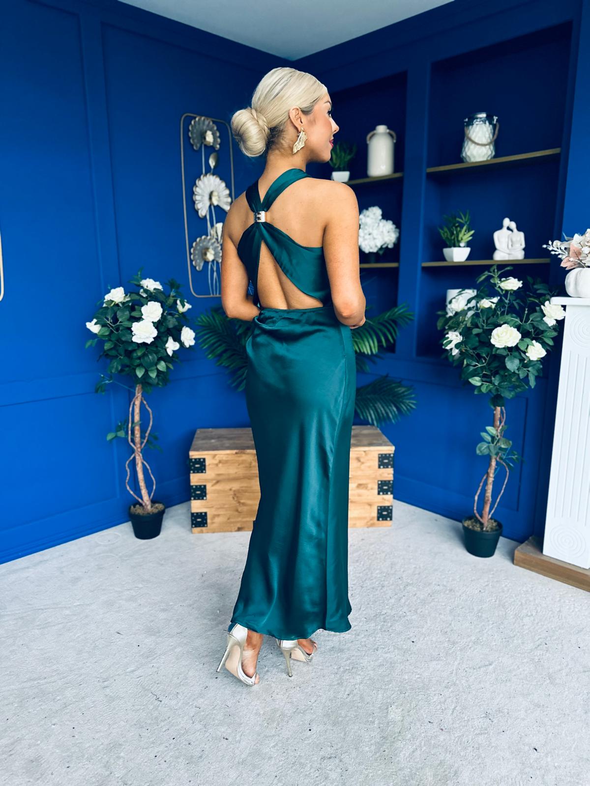 Lucia Satin Cowl Neck Cross Back Midi Dress Forest