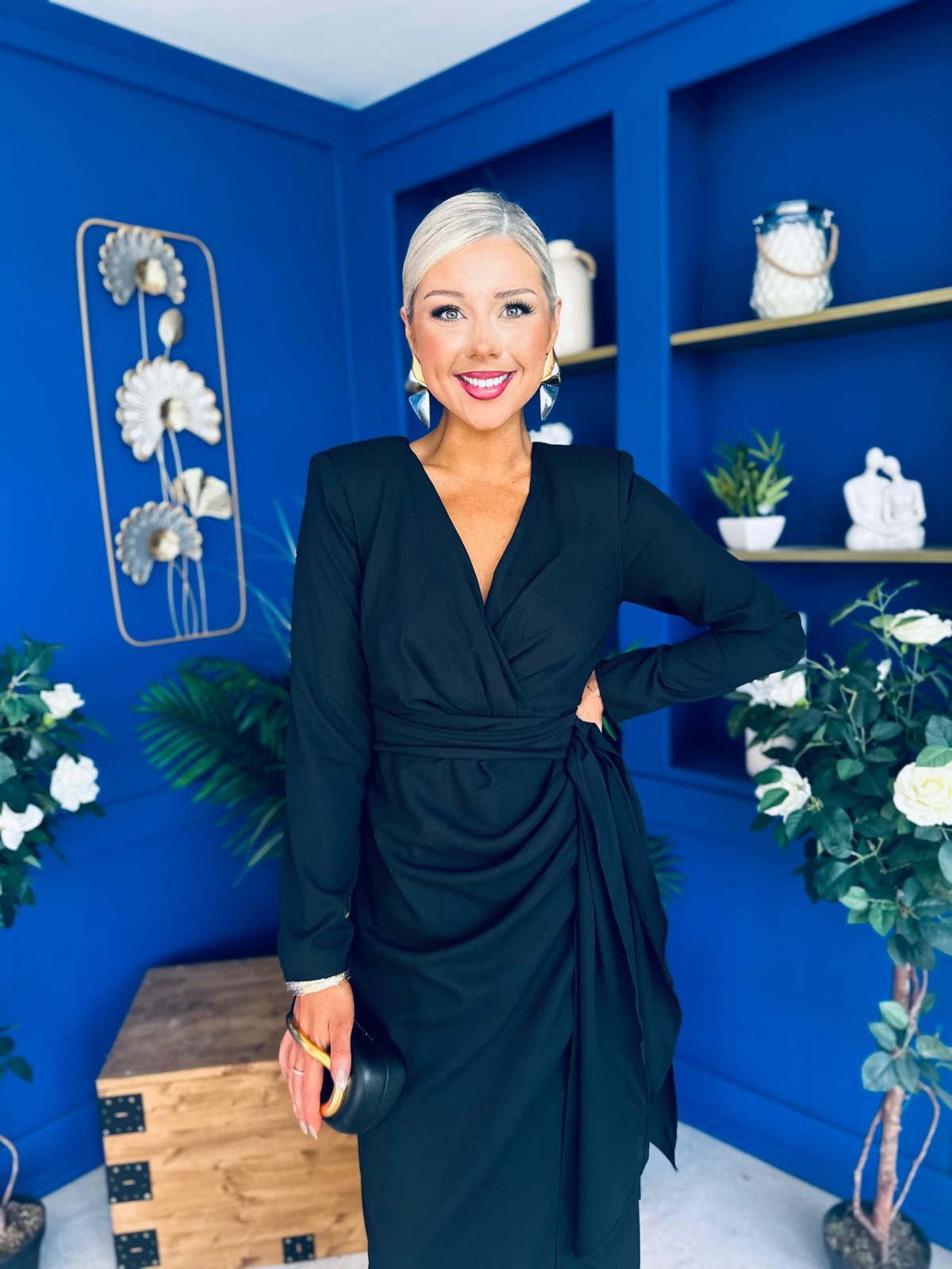 Bria Gathered Detail Midi Dress Black