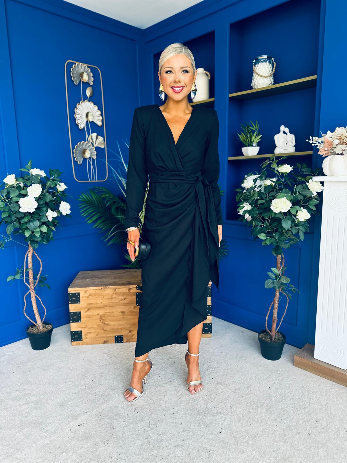 Bria Gathered Detail Midi Dress Black