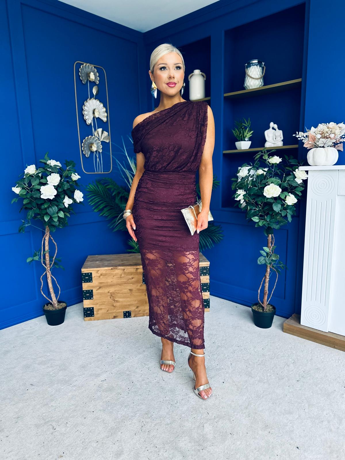 Sinita Lace Off The Shoulder Midi Dress Burgundy – Canella Lane