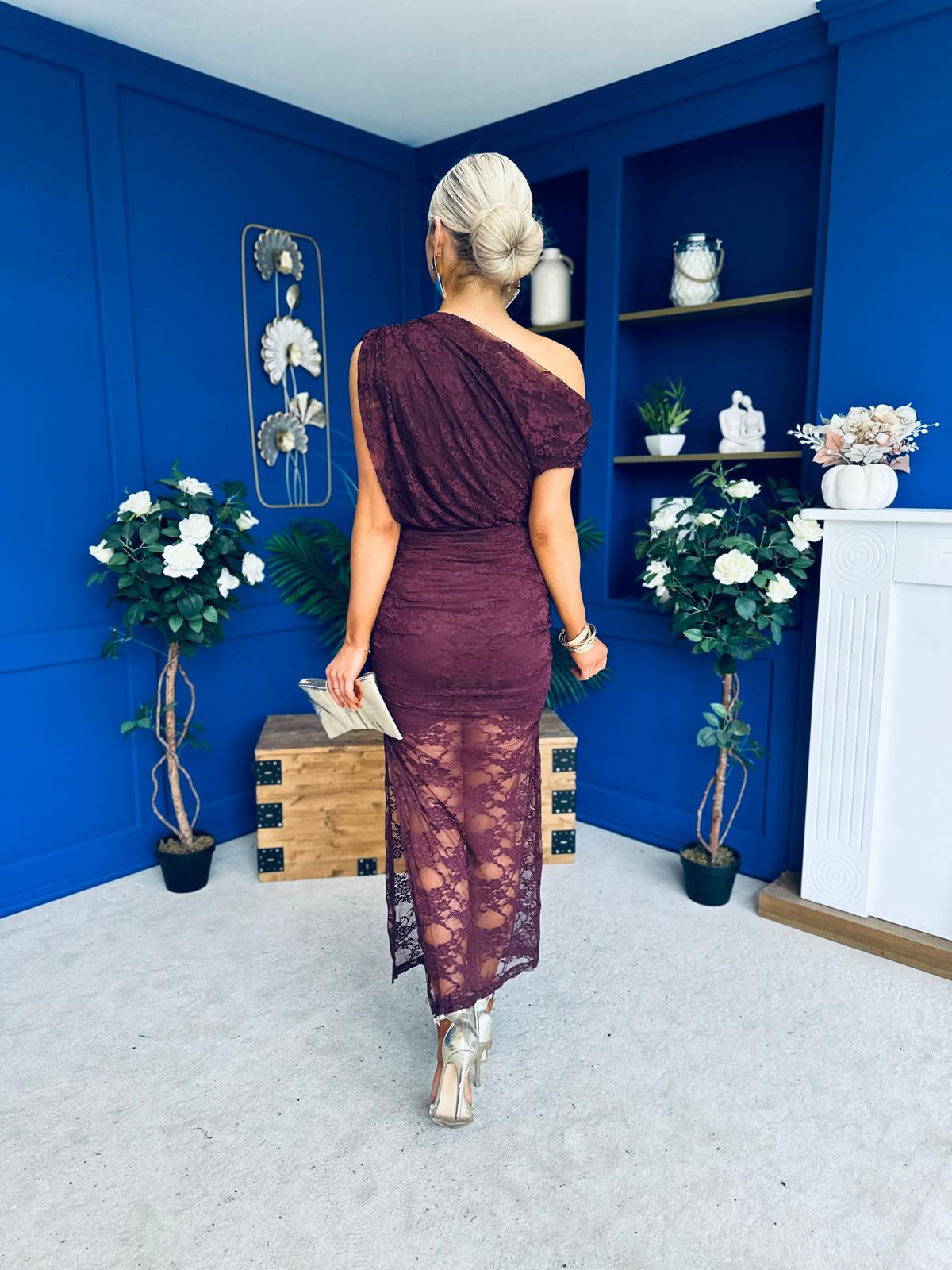 Sinita Lace Off The Shoulder Midi Dress Burgundy