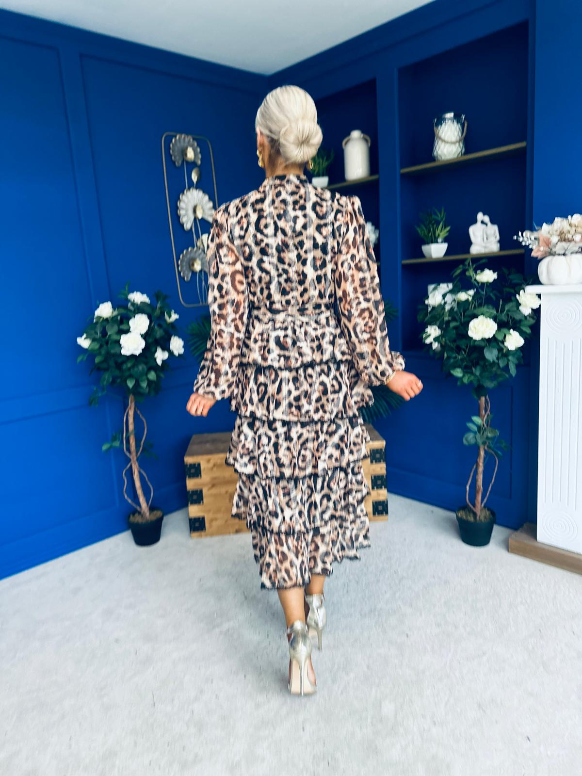 Arleen Crochet Trim Layered Skirt Midi Dress Leopard