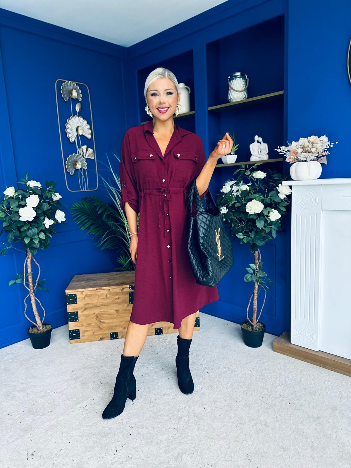 Kallie Button Detail Midi Dress Wine