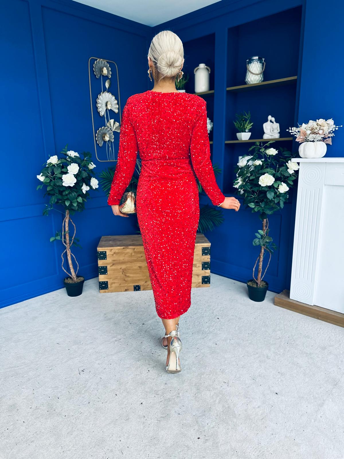 Darcy Sequin Occasion Midi Dress Red