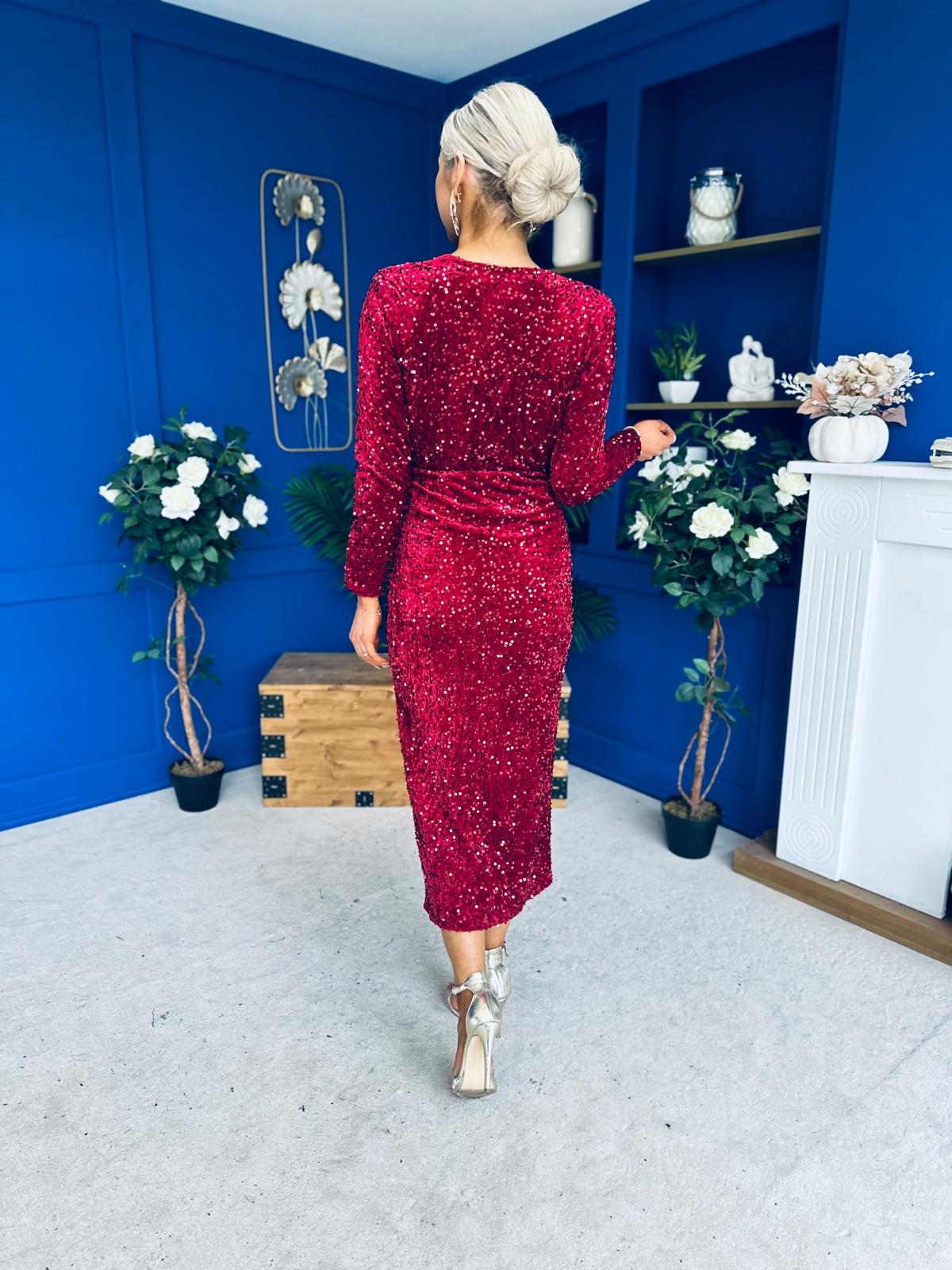 Darcy Sequin Occasion Midi Dress Wine