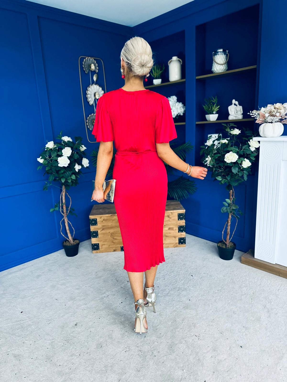 Sadie Plisse Detail Midi Dress Red