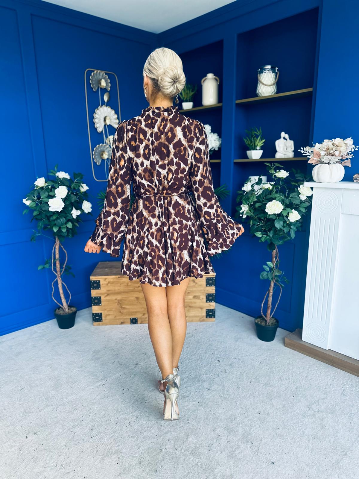 Melinda High Neck Mini Dress Leopard