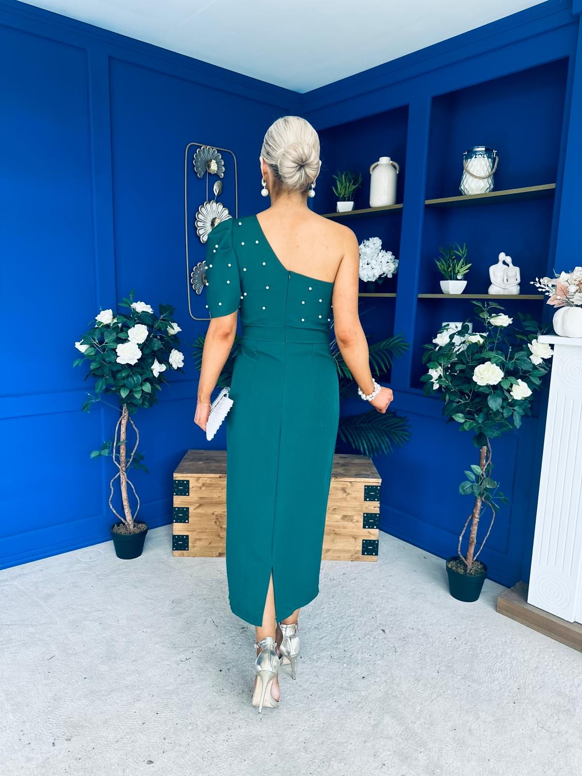 April Pearl Embellished Occasion Midi Dress Forest