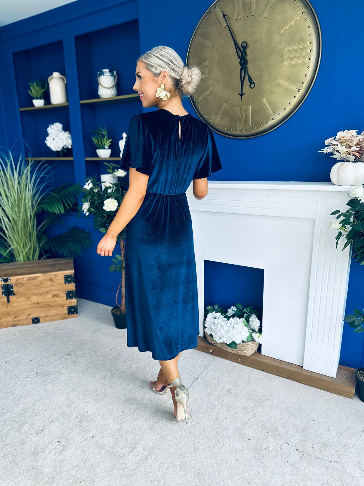 Maggie Angel Sleeve Velvet Occasion Dress Navy