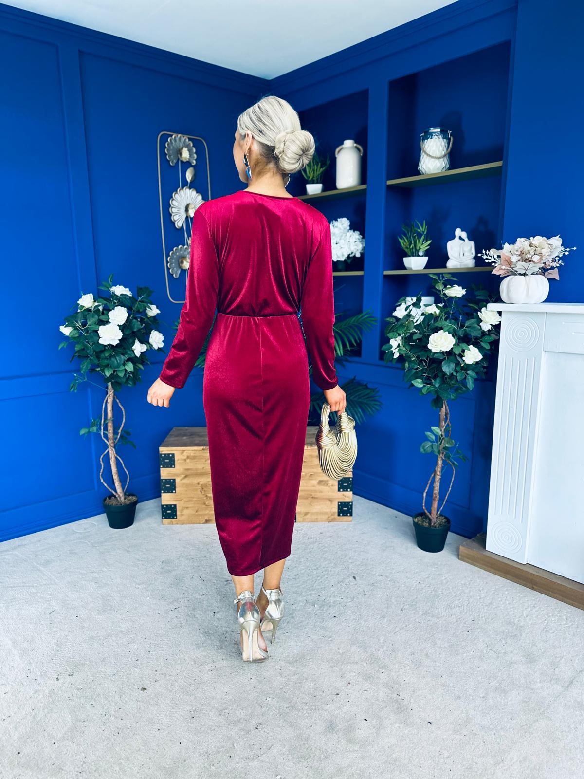 Elaine Plunging Velvet Occasion Dress Wine