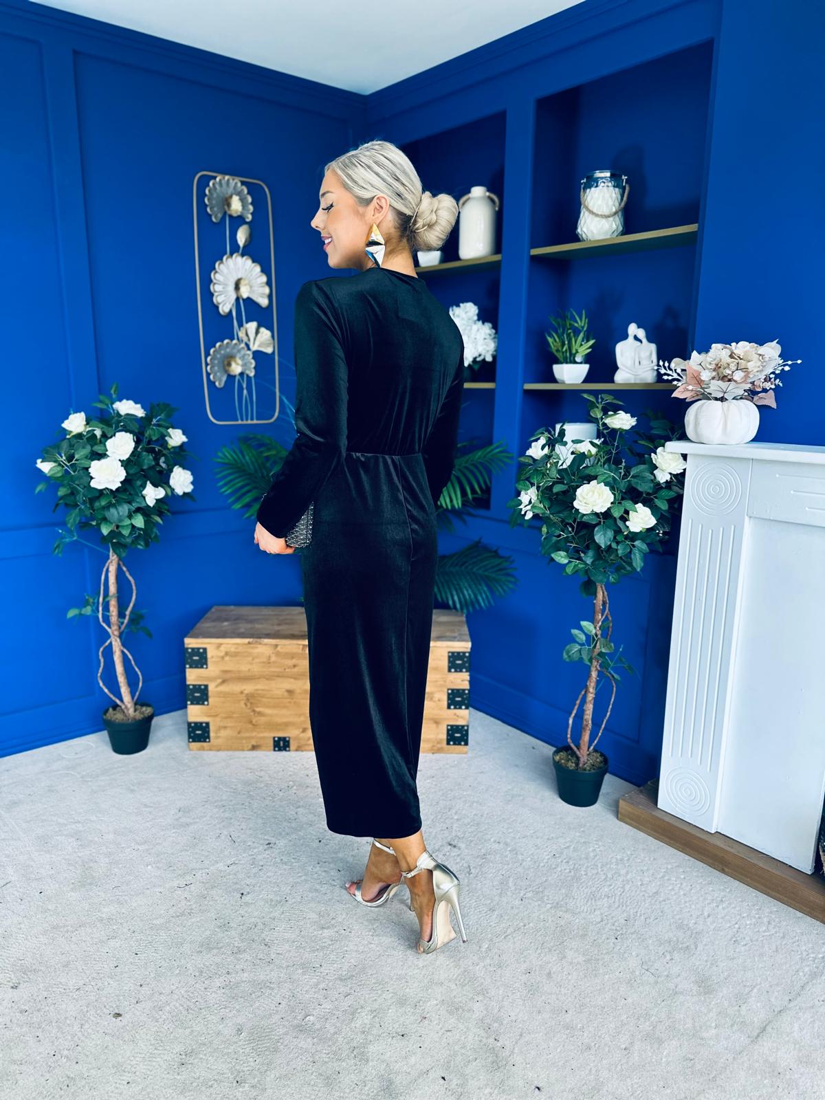 Elaine Plunging Velvet Occasion Dress Black