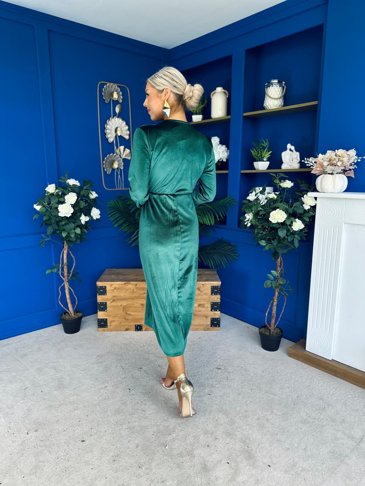 Elaine Plunging Velvet Occasion Dress Green