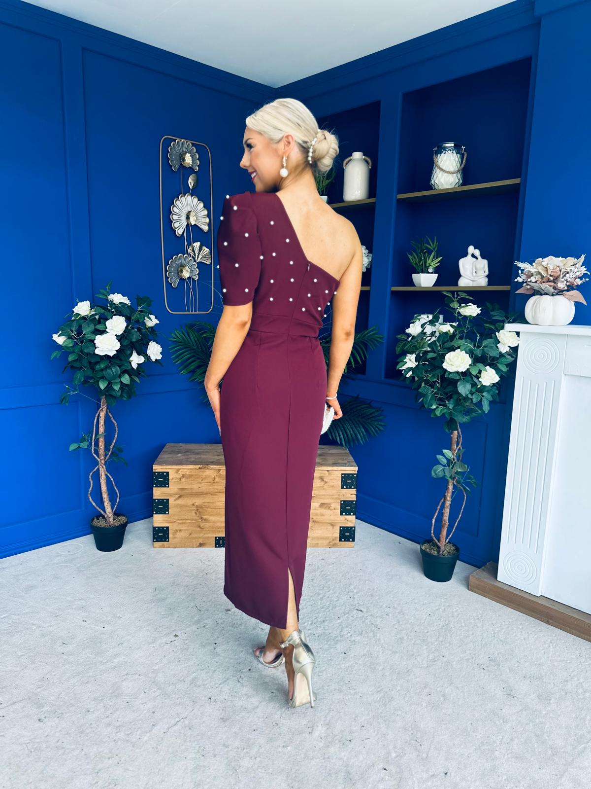 April Pearl Embellished Occasion Midi Dress Burgundy